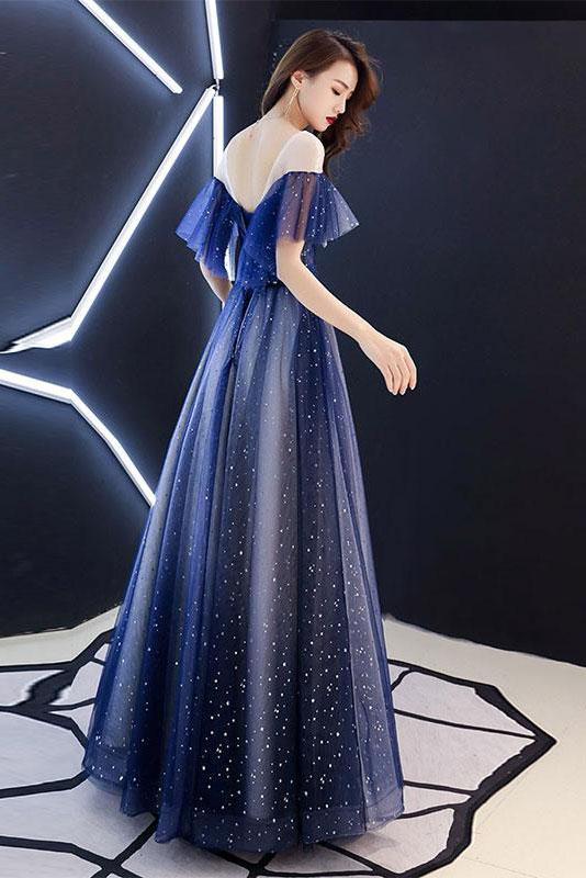 Romantic Scoop Lace up Prom Dresses Blue Floor Length Evening Dresses with Tulle P1052