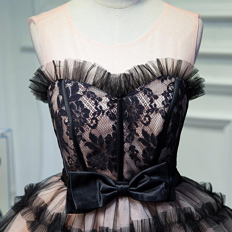 Round Neck Open Back Black and Pink Bowknot Lace up Homecoming Dresses with Tulle H1130