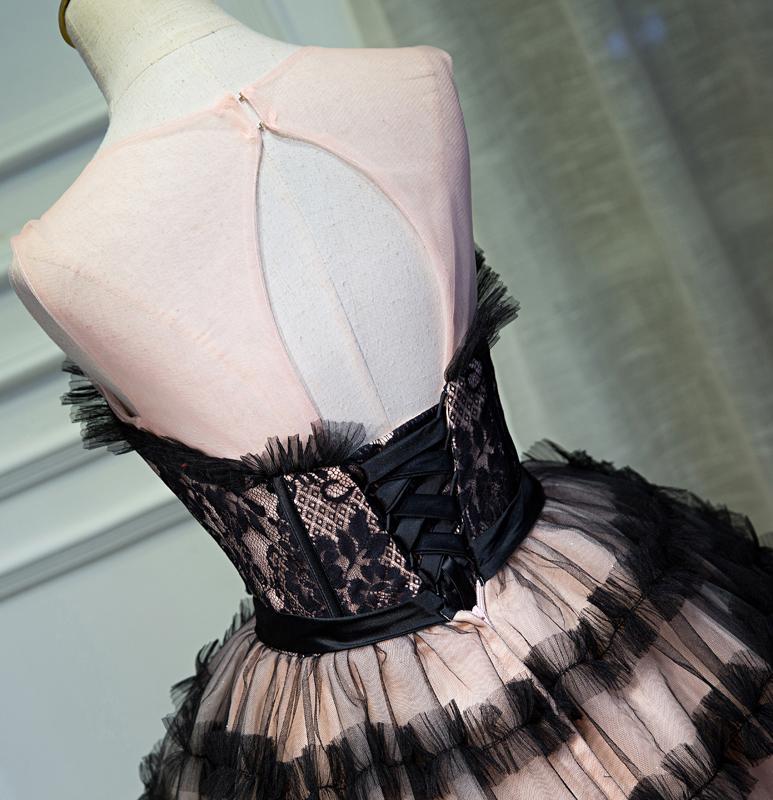 Round Neck Open Back Black and Pink Bowknot Lace up Homecoming Dresses with Tulle H1130