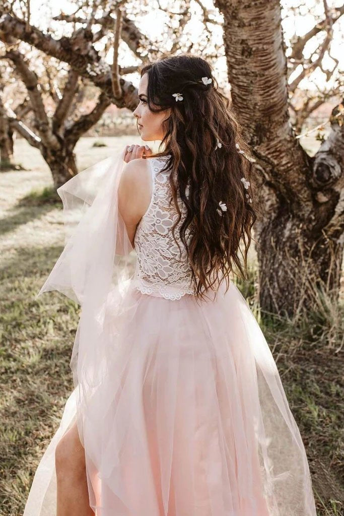 Round Neck Tulle Two Piece Pink Boho Wedding Dresses with Slit Beach Wedding Dress W1094