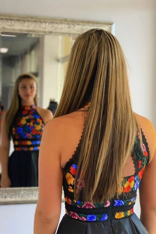 Royal Blue A-line Halter Floral Embroidery Short Homecoming Dress with Open Back H1200