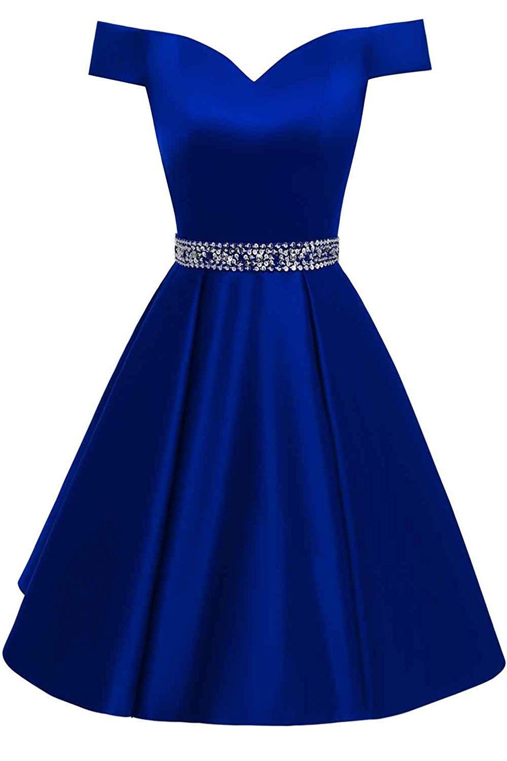 Royal Blue Short Beaded Prom Dresses Off The Shoulder Backless Homecoming Dress H1171