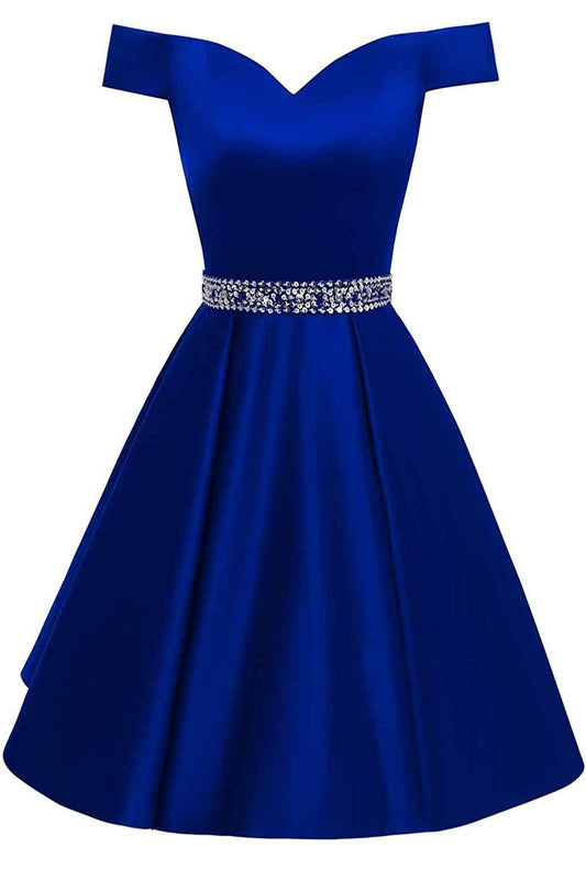 Royal Blue Short Beaded Prom Dresses Off The Shoulder Backless Homecoming Dress H1171