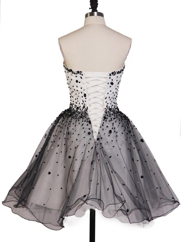 Romantic A Line Sweetheart Open Back Beaded Tulle Short Homecoming Dresses RS935