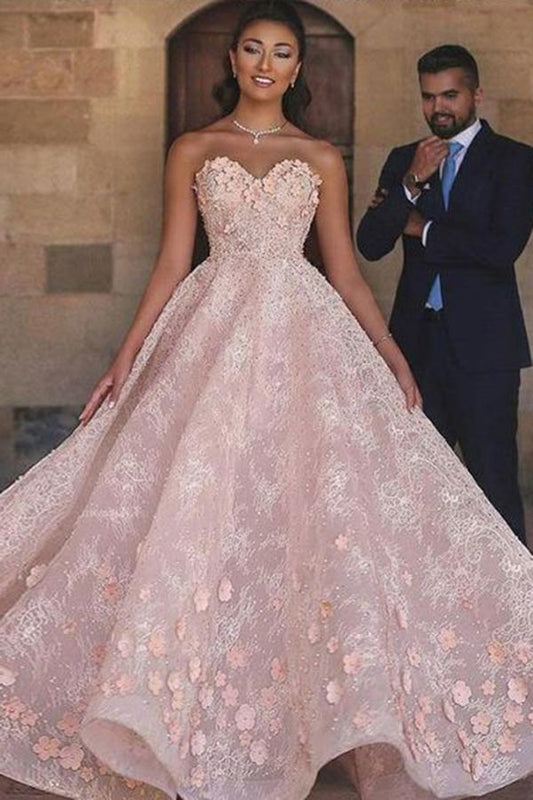 Princess Sexy A-Line Sweetheart Strapless Pink Beaded Lace Prom Dress with Appliques RS801