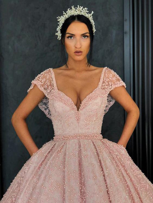 Chic Ball Gown Straps Pink Cap Sleeve Sparkly V Neck Beads Quinceanera Dress with Pockets RS228