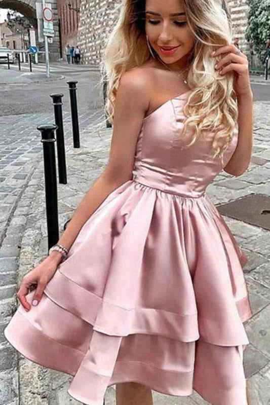 Satin A Line One Shoulder Pink Short Homecoming Dresses with Above Knee H1216