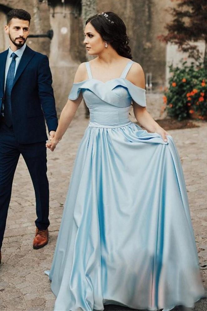 Satin Light Blue Prom Gowns with Folded Neckline Sweetheart Long Prom Dresses RS485