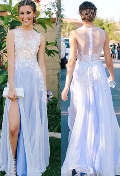 See Through Side Slit Pale Blue Lace Chiffon Scoop Party Dresses Prom Dresses RS375