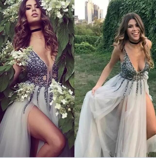 Sexy A Line Rhinestone Beaded High Slit Tulle Grey Long Deep V Neck Prom Dresses RS415