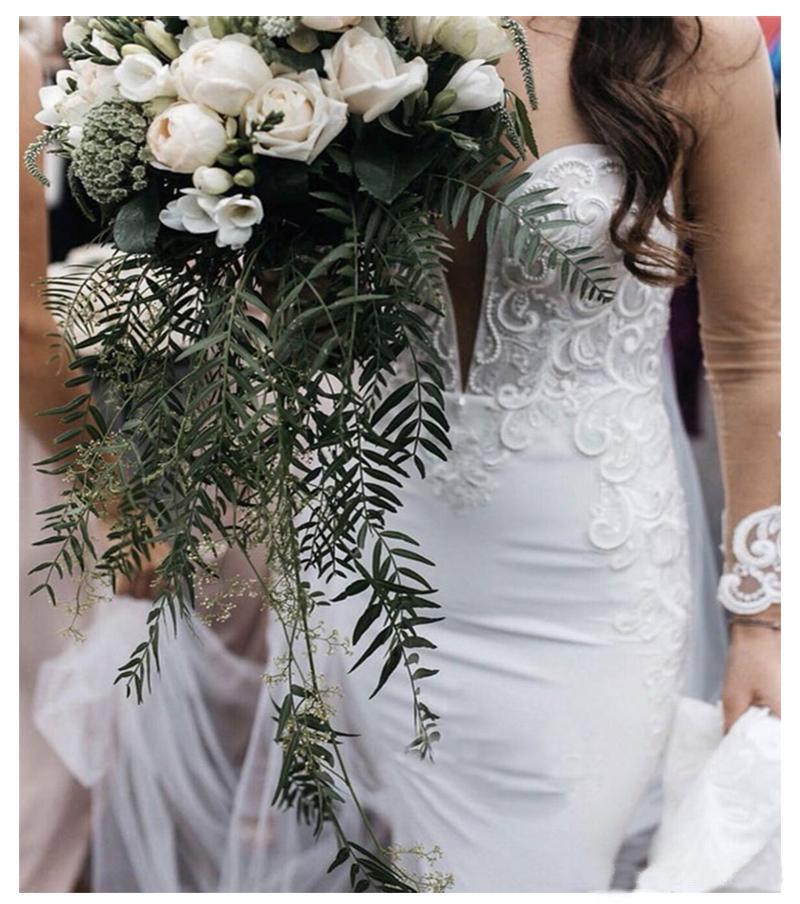 Sexy Berta Mermaid V Neck Wedding Dress Long Sleeves Open Back Wedding Gowns W1088