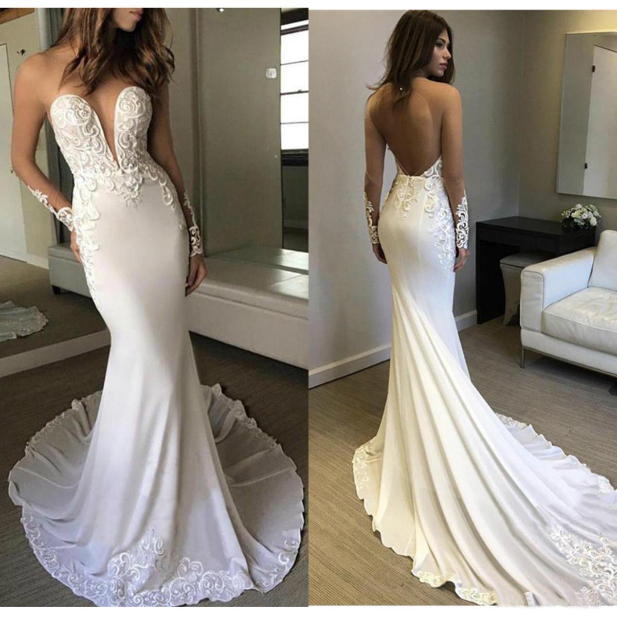 Sexy Berta Mermaid V Neck Wedding Dress Long Sleeves Open Back Wedding Gowns W1088