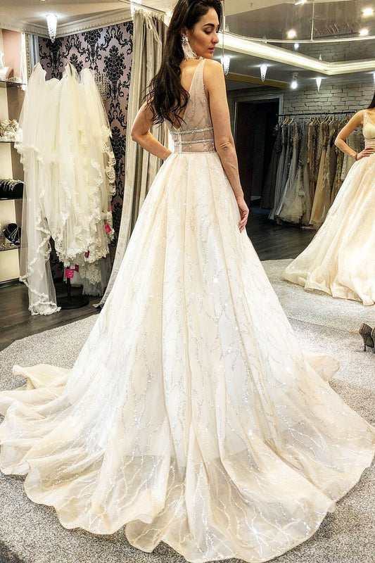 Sexy Ivory Sequins V Neck Long Prom Dresses Backless Vintage Evening Dresses P1097