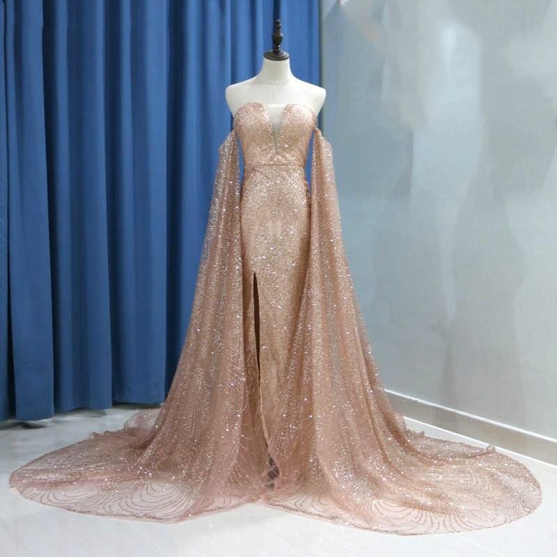Sexy Long Sleeve Gold Split Sequins Off the Shoulder Prom Evening Dresses RS756