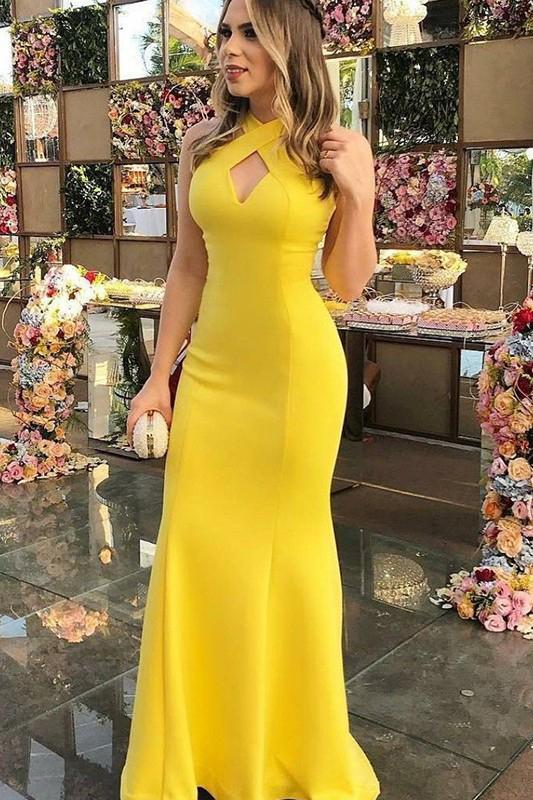 Sexy Sheath Halter Floor Length Ruffles Satin Prom Dresses Yellow Long Formal Dresses P1086