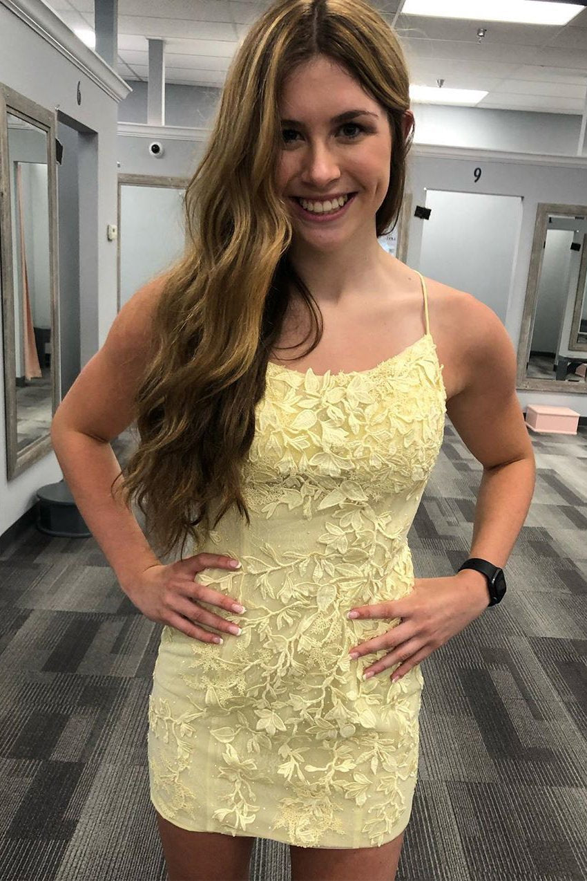 Sexy Sheath Lace Appliques Pink Spaghetti Straps Homecoming Dresses with Above Length H1145