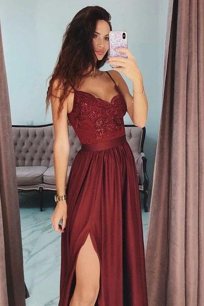 Sexy Slit Burgundy Spaghetti Straps Sweetheart Prom Dresses Long Prom Party Dresses RS620
