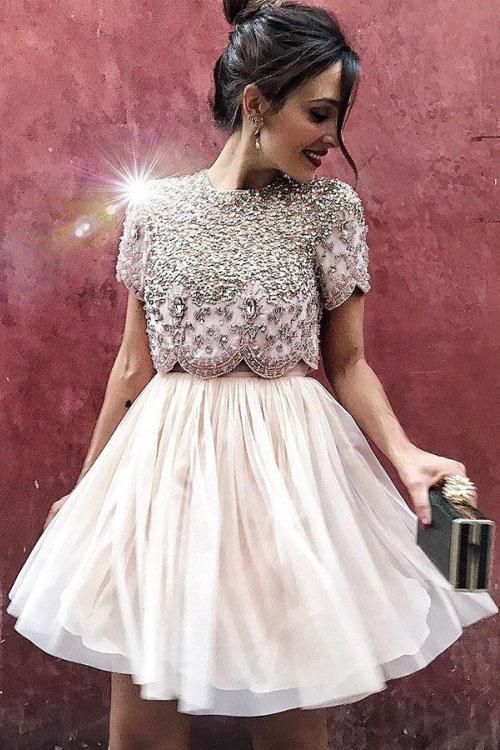 Sexy Two Piece Short Sleeve Homecoming Dress with Beads Round Neck Chiffon Prom Dress H1191