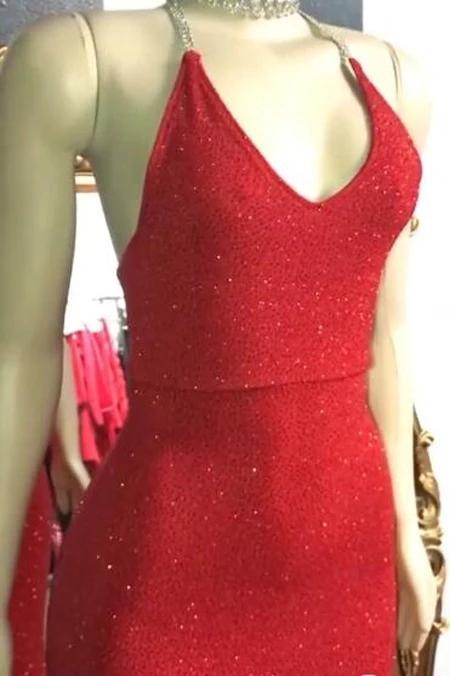 Sexy V Neck Red Glitter Sequins Prom Dresses Mermaid Halter Backless Evening Gowns P1143