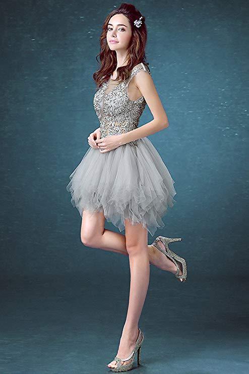 Short Sexy See Through Lace Tulle Gray Homecoming Dresses with Sequins Party Dresses H1147