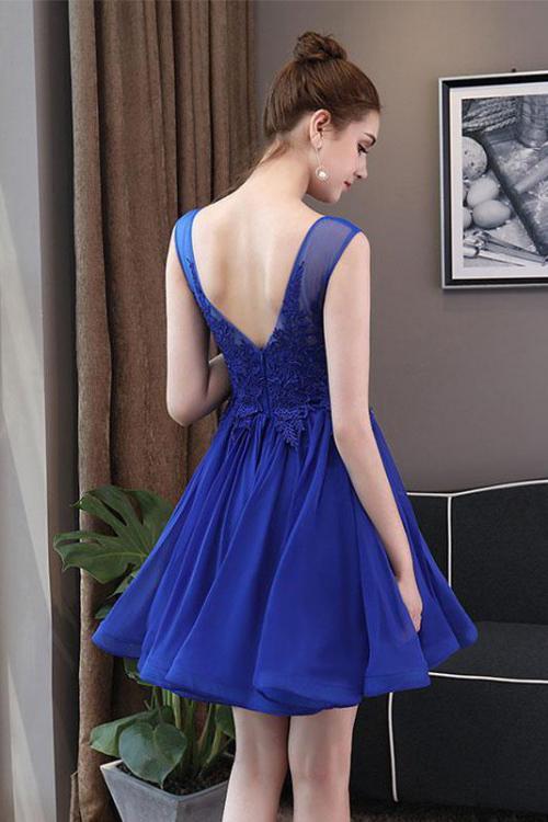 Simple Blue Tulle Backless Homecoming Dresses with Lace Graduation Dresses RS822