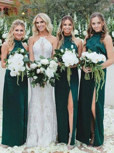 Simple Sheath High Neck Dark Green Bridesmaid Dress with Split Long Prom Dresses RS985