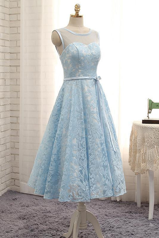 Simple Tea Length Light Blue Lace Homecoming Dress with Belt Short Prom Dress H1042