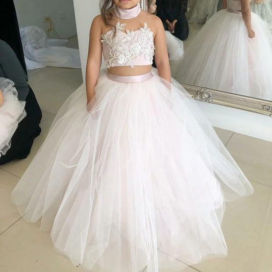 Simple Two Piece Ball Gown Halter Blush Pink Flower Girl Dresses with Appliques RS881