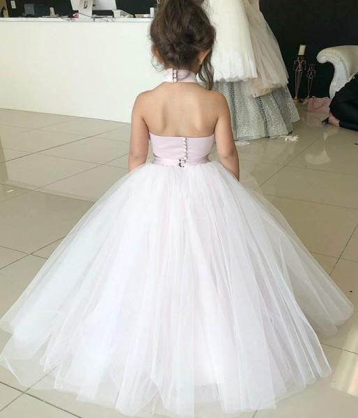 Simple Two Piece Ball Gown Halter Blush Pink Flower Girl Dresses with Appliques JS881