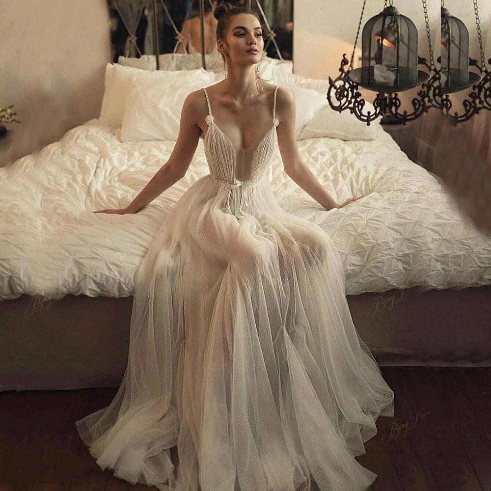 A line Beaded Tulle Spaghetti Straps Long Wedding Dresses