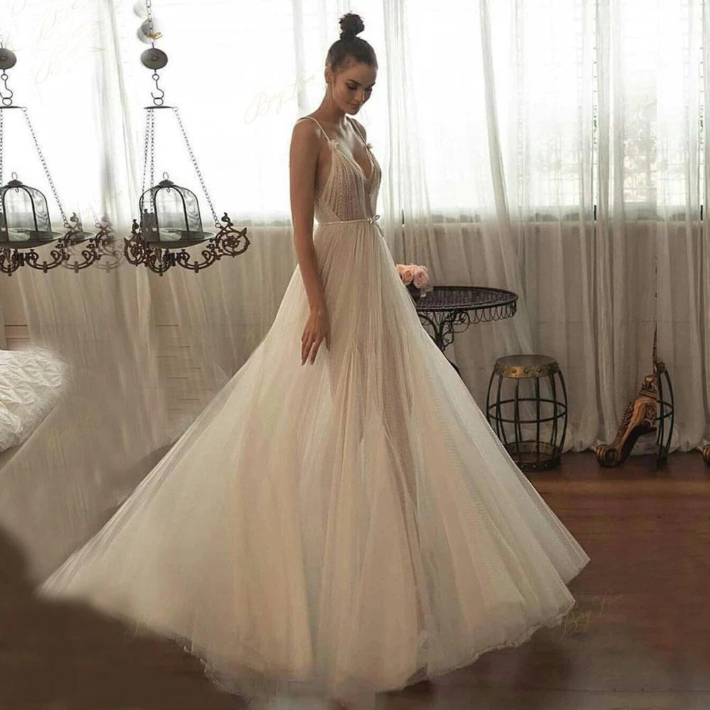 A line Beaded Tulle Spaghetti Straps Long Wedding Dresses