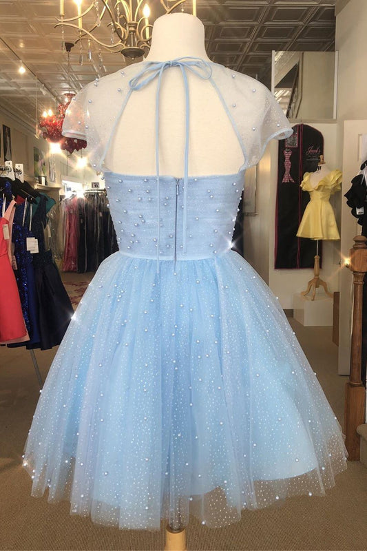 Sparkle Beaded Cap Sleeves Light Sky Blue Tulle Homecoming Dress Sweet 16 Dresses H1206