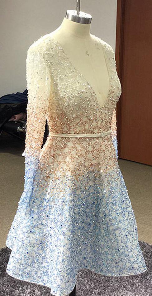 Stunning Beaded Sequins Long Sleeve V Neck Homecoming Dresses Short Prom Dresses H1083