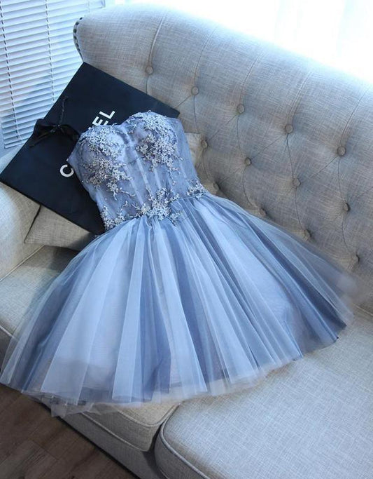 Sweetheart Strapless Homecoming Dresses Beads Blue Lace up Tulle Short Prom Dresses H1066
