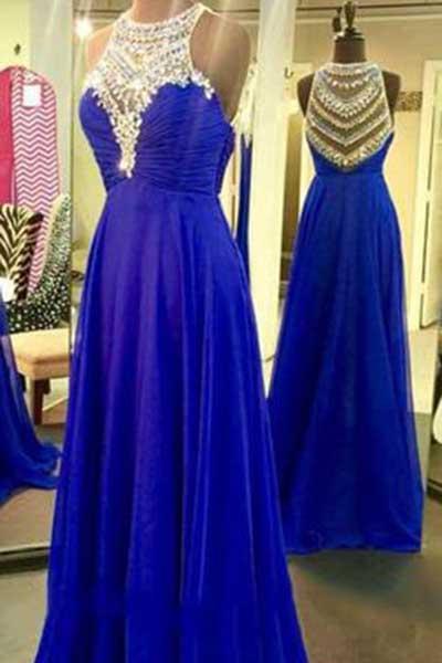 Royal Blue Sparkle Beads Halter Pretty Illusion High Neck Chiffon Prom Dresses RS405