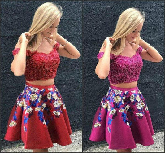 Two Pieces Burgundy Satin Off the Shoulder Homecoming Dresses with Embroidery H1187