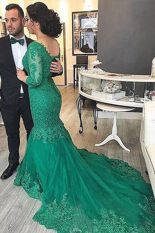 Sexy Green Mermaid V Neck Tulle Applique 3/4 Sleeves Sweep Train Plus Size Prom Dresses RS163