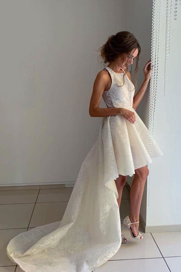 Unique Ivory Halter High Low Homecoming Dresses with Lace Short Prom Dresses H1095