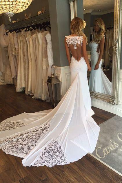 Unique Mermaid Sheer Neck Wedding Dresses with Lace Unique Ivory Bridal Dresses JS920