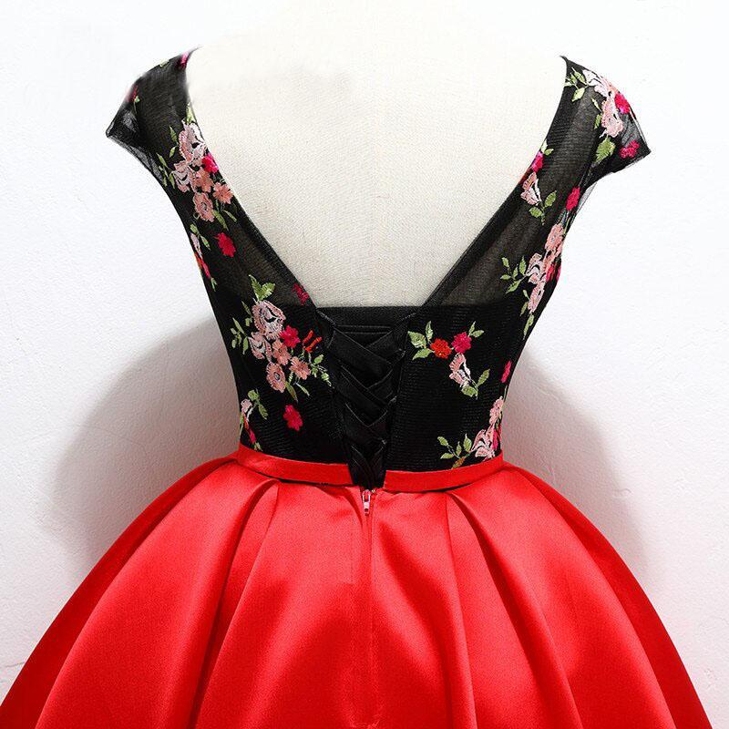 Unique Red Satin Cap Sleeves Scoop Belt Flowers Homecoming Dresses with Lace up H1233