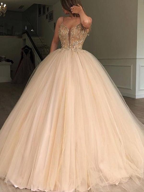 Unique Spaghetti Straps V Neck Beads Ball Gown Tulle Prom Dresses Quinceanera Dresses P1112