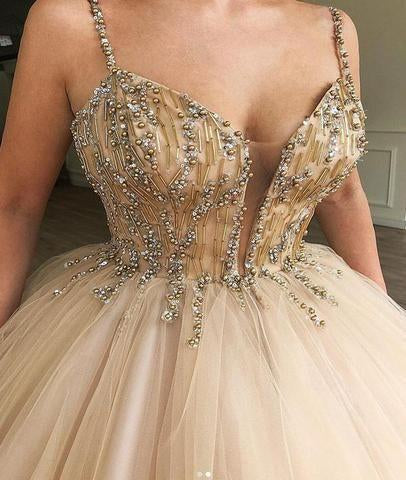 Unique Spaghetti Straps V Neck Beads Ball Gown Tulle Prom Dresses Quinceanera Dresses P1112