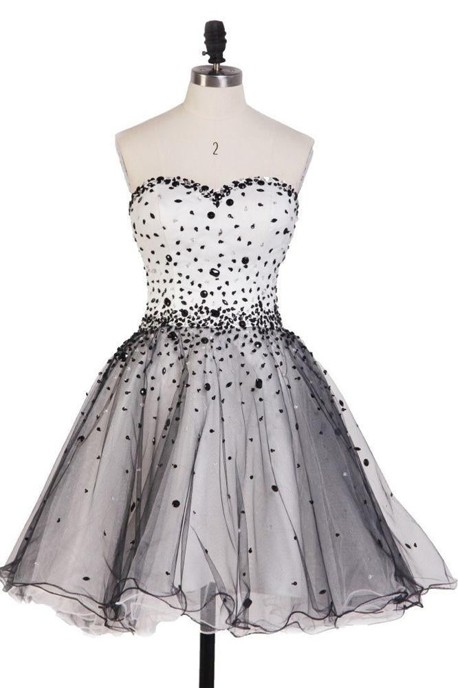 Romantic A Line Sweetheart Open Back Beaded Tulle Short Homecoming Dresses RS935