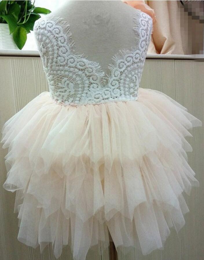 Princess Cute Pink Lace Tulle Flower Girl Dresses Layered Open Back Lovely Tutu Dresses RS776