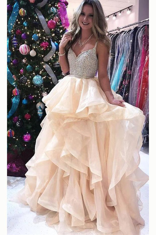 Princess Luxurious Spaghetti Straps V-Neck Beading Bodice Tulle Long Prom Dress with Layers RS122