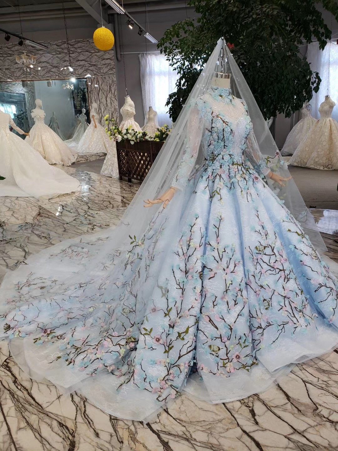Stunning Light Blue Long Sleeve Wedding Dresses High Neck Quinceanera Dresses RS772