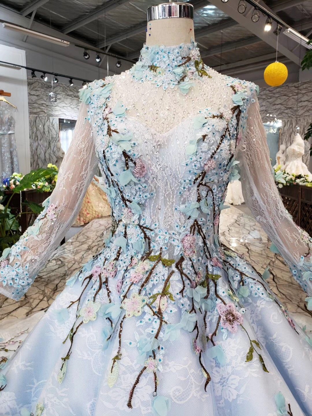 Stunning Light Blue Long Sleeve Wedding Dresses High Neck Quinceanera Dresses RS772
