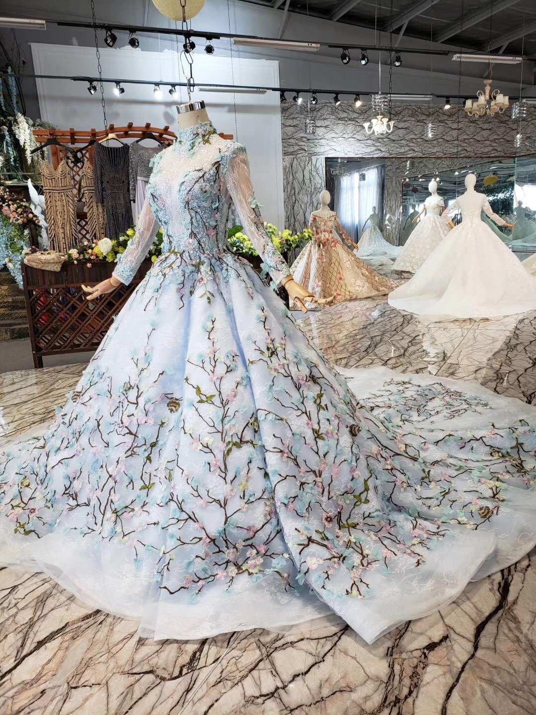 Stunning Light Blue Long Sleeve Wedding Dresses High Neck Quinceanera Dresses RS772