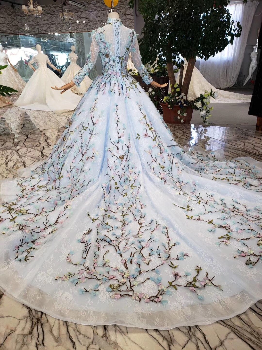 Stunning Light Blue Long Sleeve Wedding Dresses High Neck Quinceanera Dresses RS772