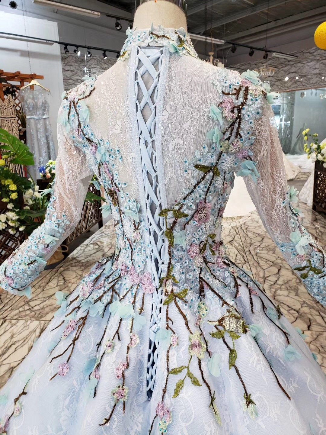 Stunning Light Blue Long Sleeve Wedding Dresses High Neck Quinceanera Dresses RS772